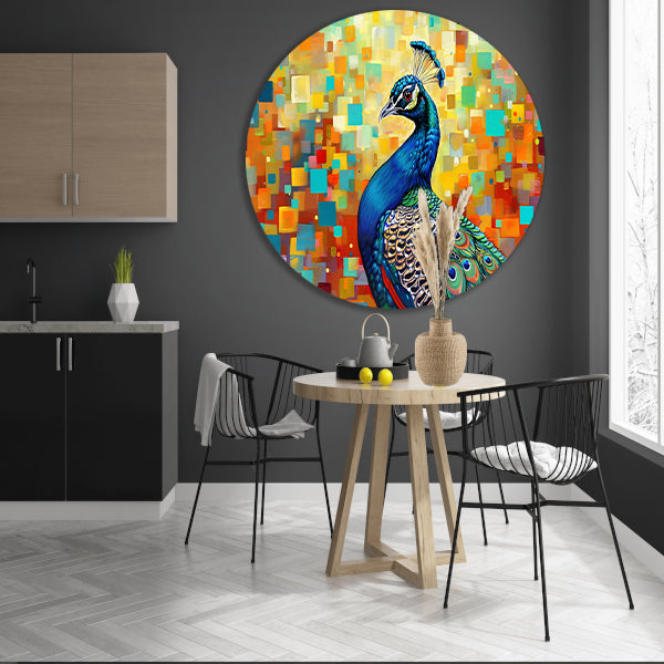 Kleurrijke pauw in abstracte popart stijl aluminium muurcirkel