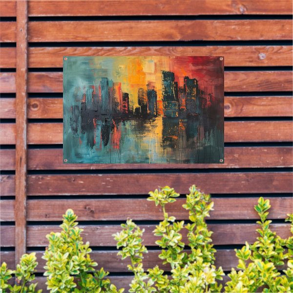 Dynamische Abstracte Stedelijke Skyline bij Zonsondergang tuinposter