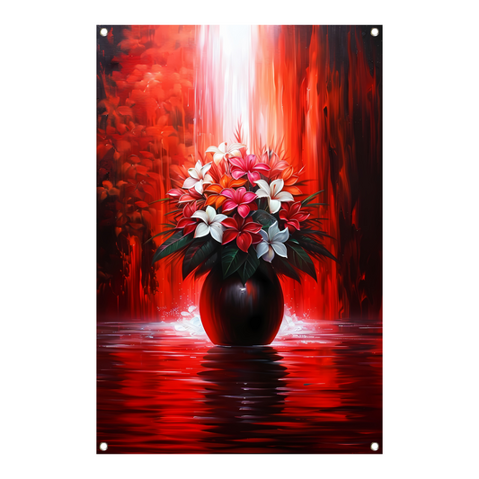 Levendige Bloemen in Elegante Zwarte Vaas op Rode Achtergrond tuinposter