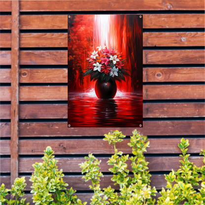 Levendige Bloemen in Elegante Zwarte Vaas op Rode Achtergrond tuinposter