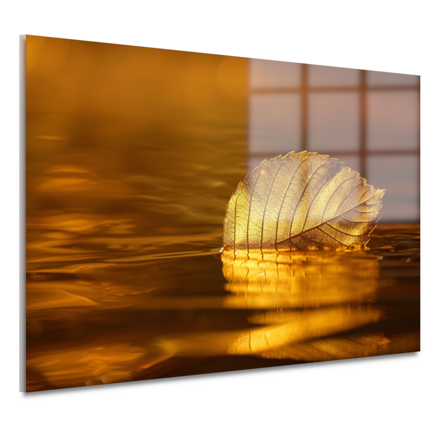 Gouden blad op kalme wateren bij zonsondergang acrylglas