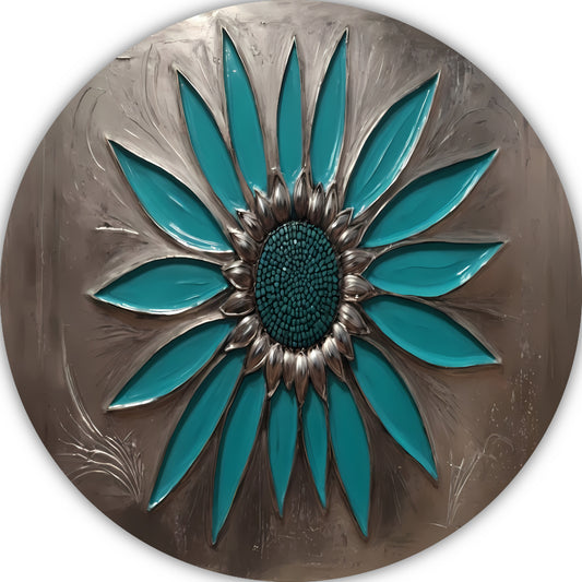 Turquoise Zonnebloem in Metalen Stijl Decor forex muurcirkel