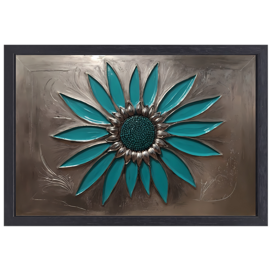 Turquoise Zonnebloem in Metalen Stijl Decor canvas met baklijst