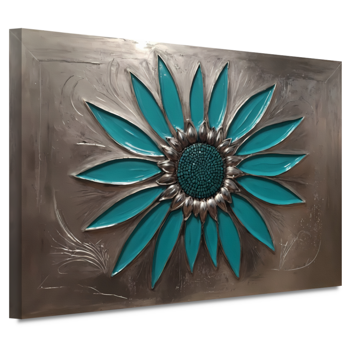 Turquoise Zonnebloem in Metalen Stijl Decor canvas