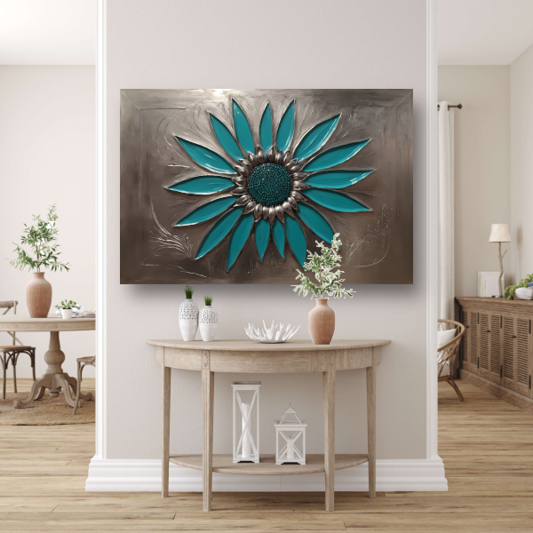 Turquoise Zonnebloem in Metalen Stijl Decor canvas