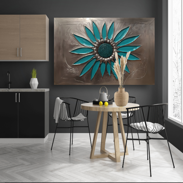 Turquoise Zonnebloem in Metalen Stijl Decor canvas