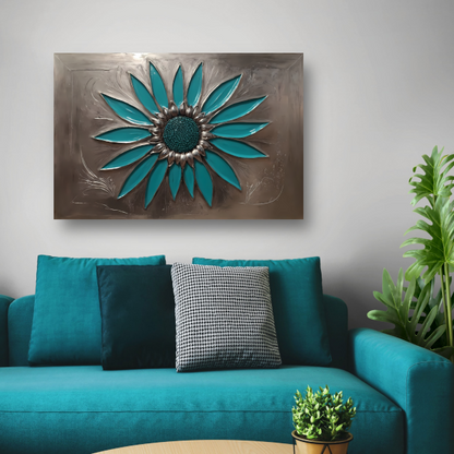 Turquoise Zonnebloem in Metalen Stijl Decor canvas