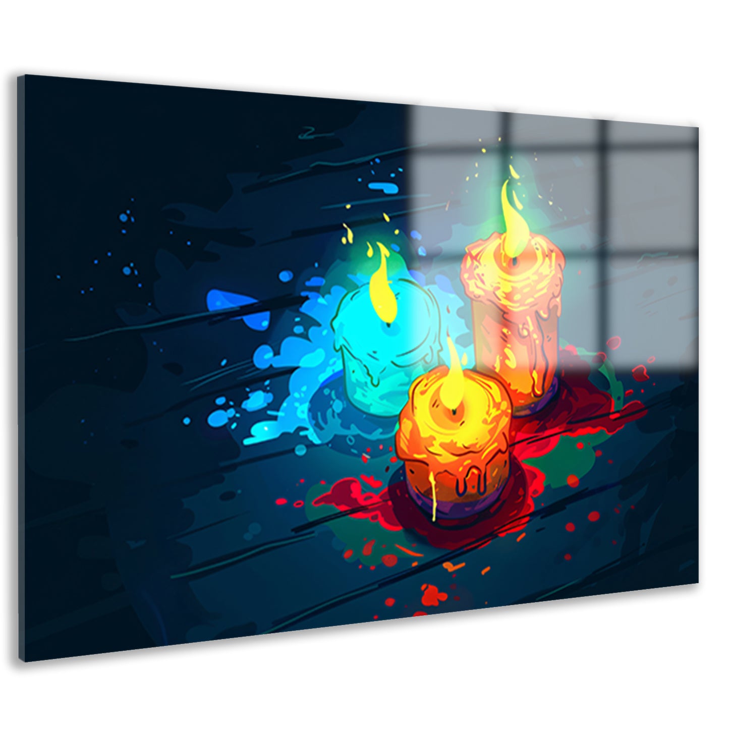 Surrealistische kleurrijke kaarsen op donkere achtergrond acrylglas