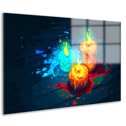 Surrealistische kleurrijke kaarsen op donkere achtergrond acrylglas