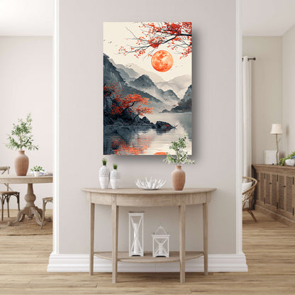 Rode Maan boven Berglandschap met Meer poster