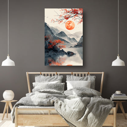 Rode Maan boven Berglandschap met Meer canvas