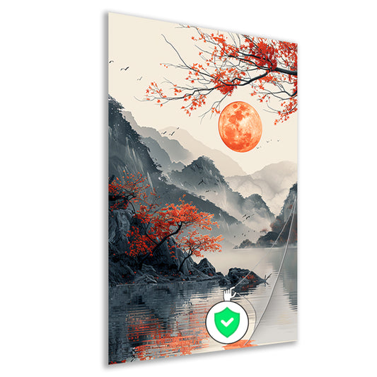Rode Maan boven Berglandschap met Meer poster