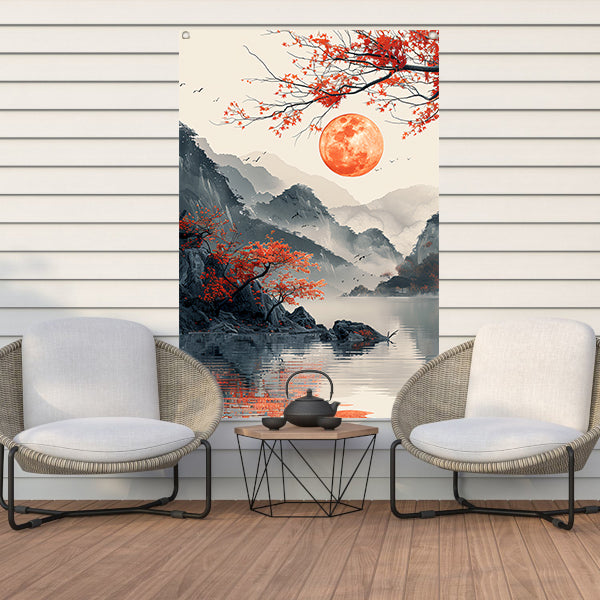 Rode Maan boven Berglandschap met Meer tuinposter