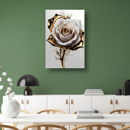 Gouden Spetters en Witte Roos Kunstwerk canvas met baklijst