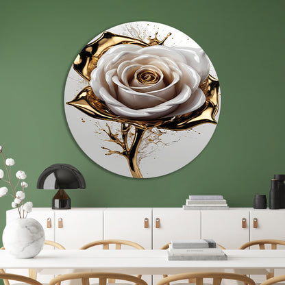 Gouden Spetters en Witte Roos Kunstwerk aluminium muurcirkel