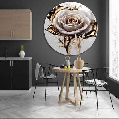 Gouden Spetters en Witte Roos Kunstwerk aluminium muurcirkel