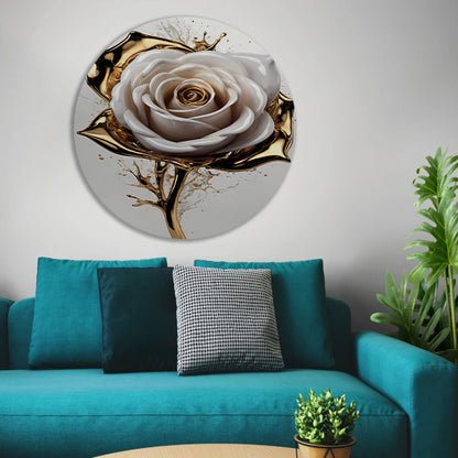 Gouden Spetters en Witte Roos Kunstwerk aluminium muurcirkel