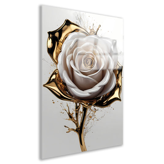 Gouden Spetters en Witte Roos Kunstwerk acrylglas