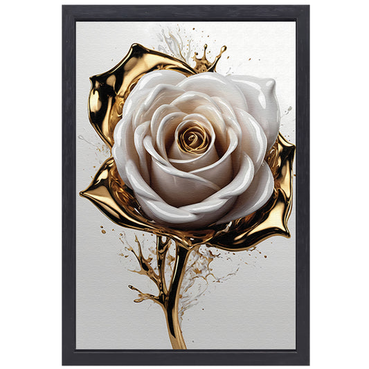 Gouden Spetters en Witte Roos Kunstwerk canvas met baklijst