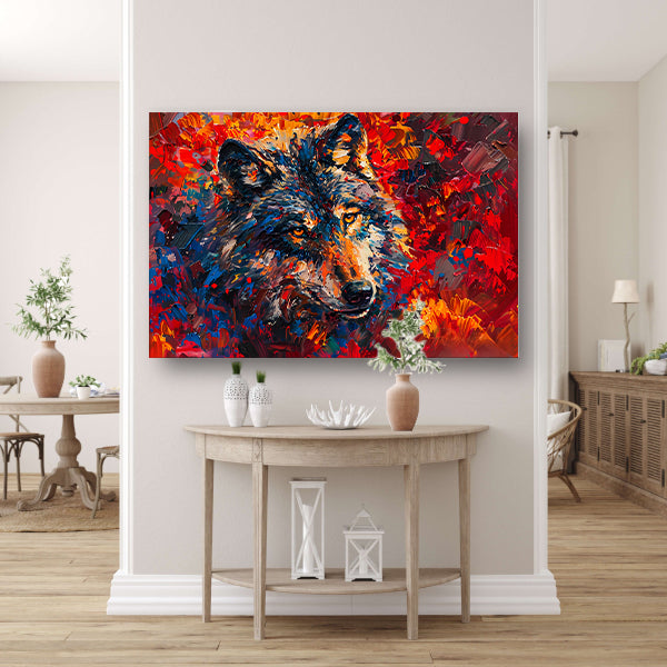 Kleurrijk abstract schilderij van een wolf canvas met baklijst