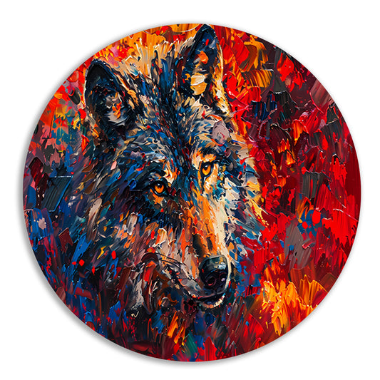Kleurrijk abstract schilderij van een wolf aluminium muurcirkel