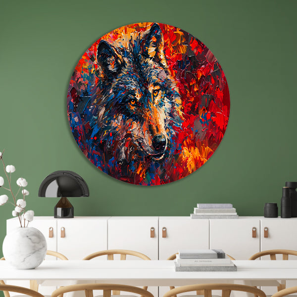 Kleurrijk abstract schilderij van een wolf aluminium muurcirkel