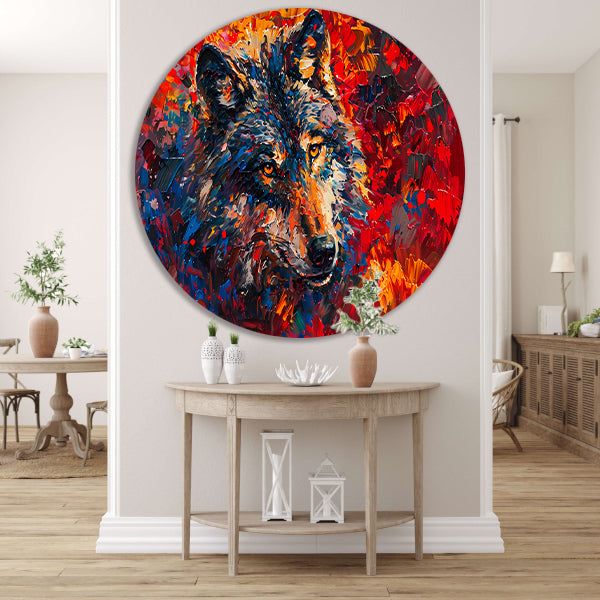 Kleurrijk abstract schilderij van een wolf aluminium muurcirkel
