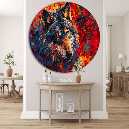 Kleurrijk abstract schilderij van een wolf aluminium muurcirkel