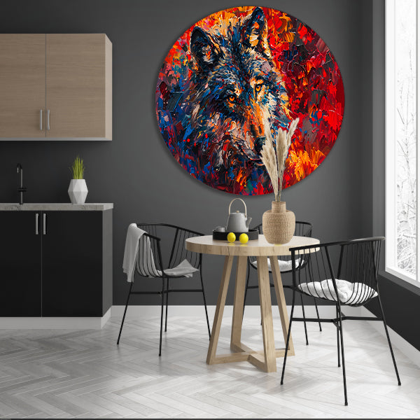 Kleurrijk abstract schilderij van een wolf aluminium muurcirkel