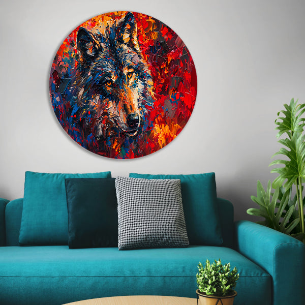 Kleurrijk abstract schilderij van een wolf aluminium muurcirkel