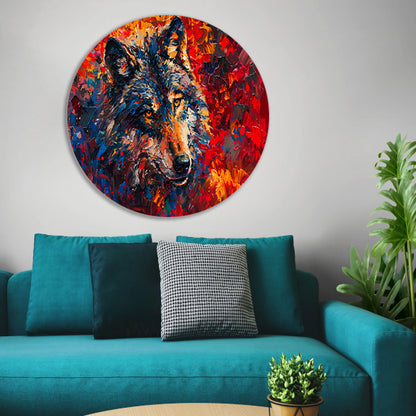 Kleurrijk abstract schilderij van een wolf aluminium muurcirkel
