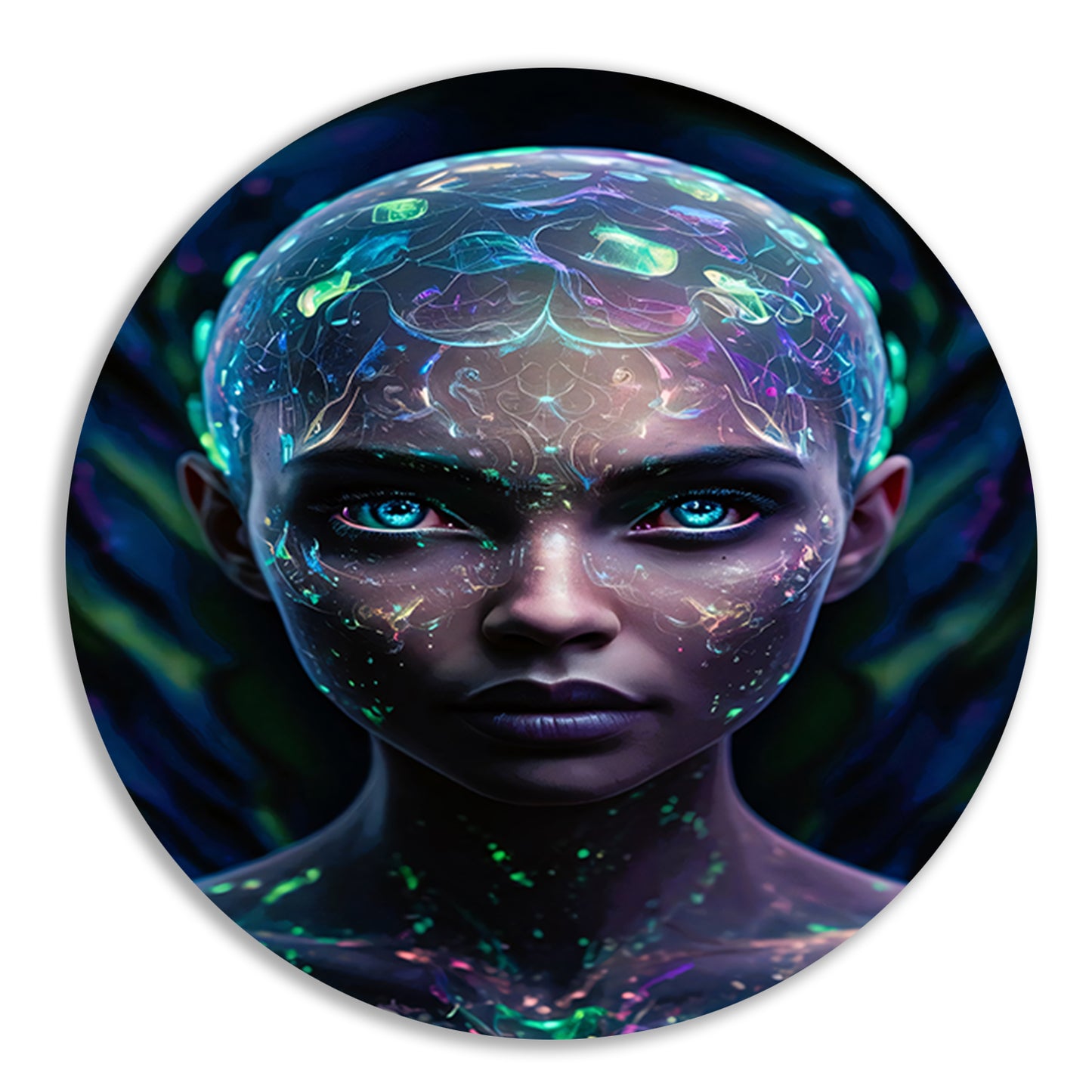 Bioluminiscerende vrouw met futuristische uitstraling aluminium muurcirkel