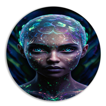 Bioluminiscerende vrouw met futuristische uitstraling aluminium muurcirkel