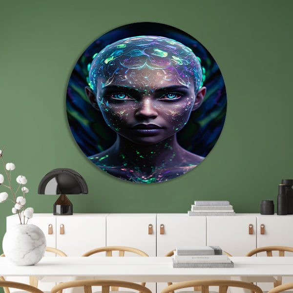 Bioluminiscerende vrouw met futuristische uitstraling aluminium muurcirkel