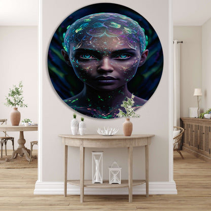 Bioluminiscerende vrouw met futuristische uitstraling aluminium muurcirkel