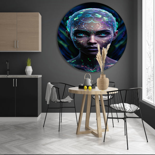 Bioluminiscerende vrouw met futuristische uitstraling aluminium muurcirkel