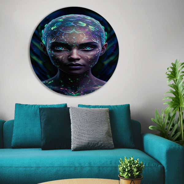 Bioluminiscerende vrouw met futuristische uitstraling aluminium muurcirkel