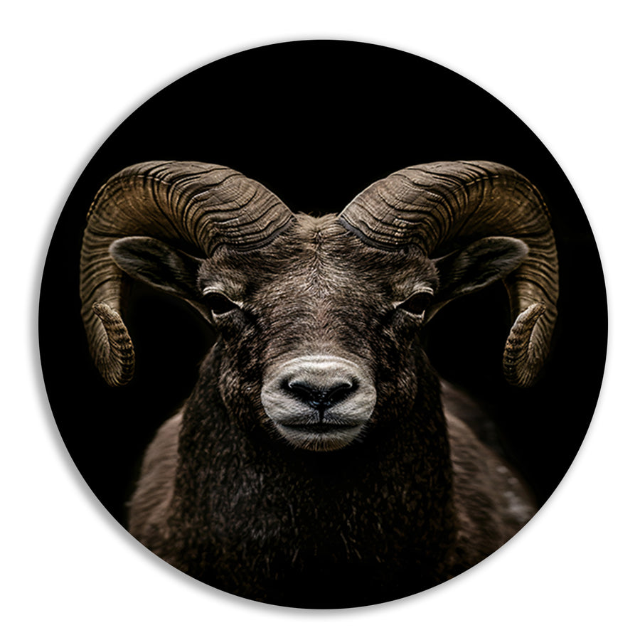 Krachtige close-up van een ram in zwart en wit forex muurcirkel
