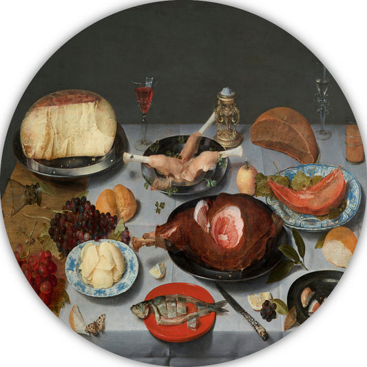 Stilleven met oesters, geroosterde kip, snoep en gedroogd fruit - Jacob van Hulsdonck aluminium muurcirkel