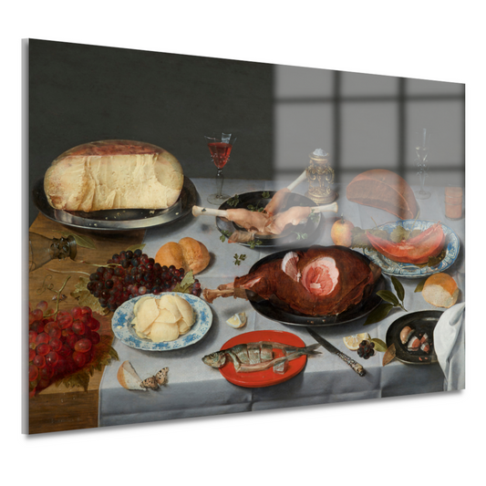 Stilleven met oesters, geroosterde kip, snoep en gedroogd fruit - Jacob van Hulsdonck acrylglas