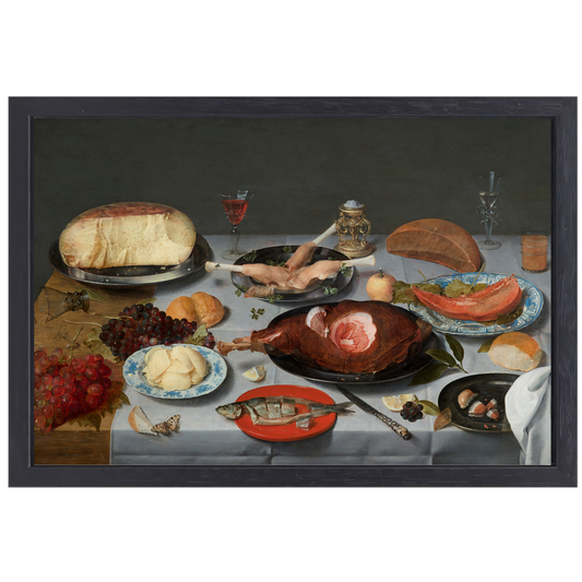 Stilleven met oesters, geroosterde kip, snoep en gedroogd fruit - Jacob van Hulsdonck canvas met baklijst