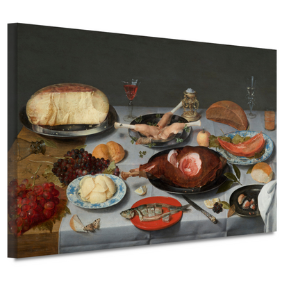 Stilleven met oesters, geroosterde kip, snoep en gedroogd fruit - Jacob van Hulsdonck canvas