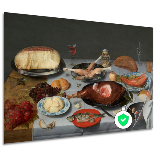 Stilleven met oesters, geroosterde kip, snoep en gedroogd fruit - Jacob van Hulsdonck poster