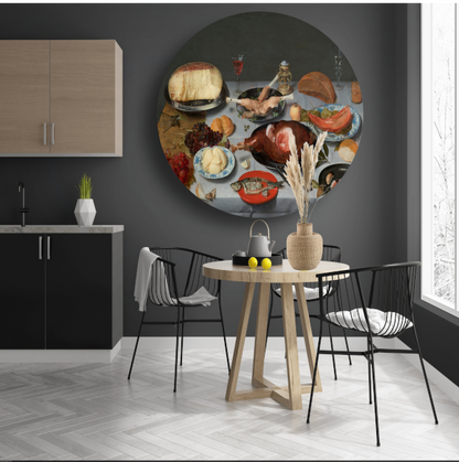 Stilleven met oesters, geroosterde kip, snoep en gedroogd fruit - Jacob van Hulsdonck aluminium muurcirkel