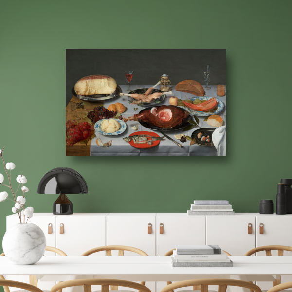 Stilleven met oesters, geroosterde kip, snoep en gedroogd fruit - Jacob van Hulsdonck canvas met baklijst