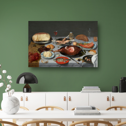 Stilleven met oesters, geroosterde kip, snoep en gedroogd fruit - Jacob van Hulsdonck canvas met baklijst