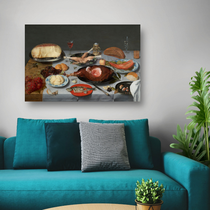 Stilleven met oesters, geroosterde kip, snoep en gedroogd fruit - Jacob van Hulsdonck canvas met baklijst