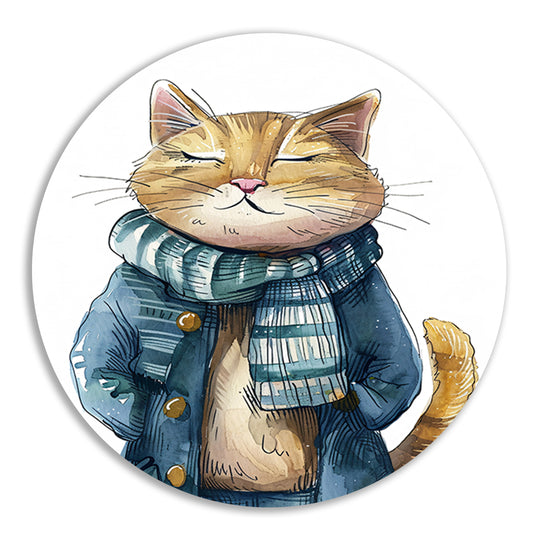 Oranje kat met blauwe jas aluminium muurcirkel