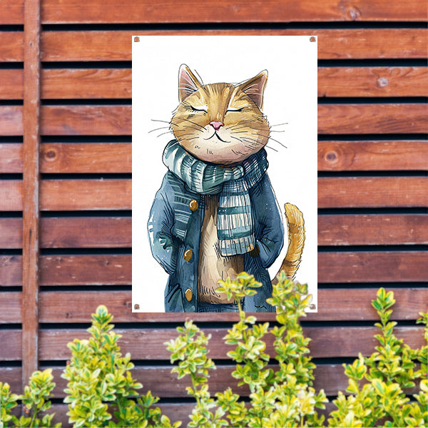 Oranje kat met blauwe jas tuinposter