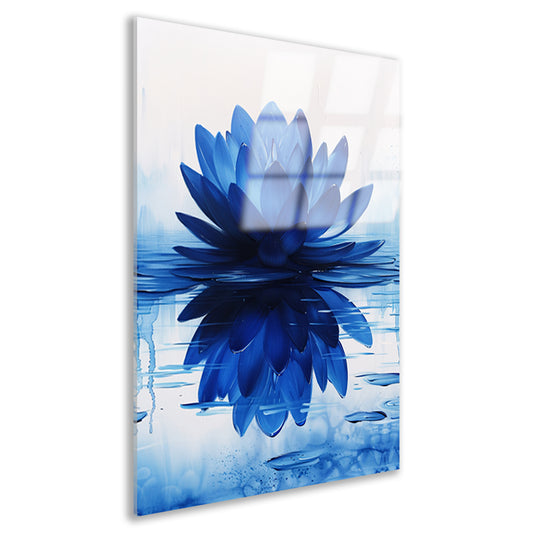 Abstracte blauwe lotusbloem met waterreflectie acrylglas